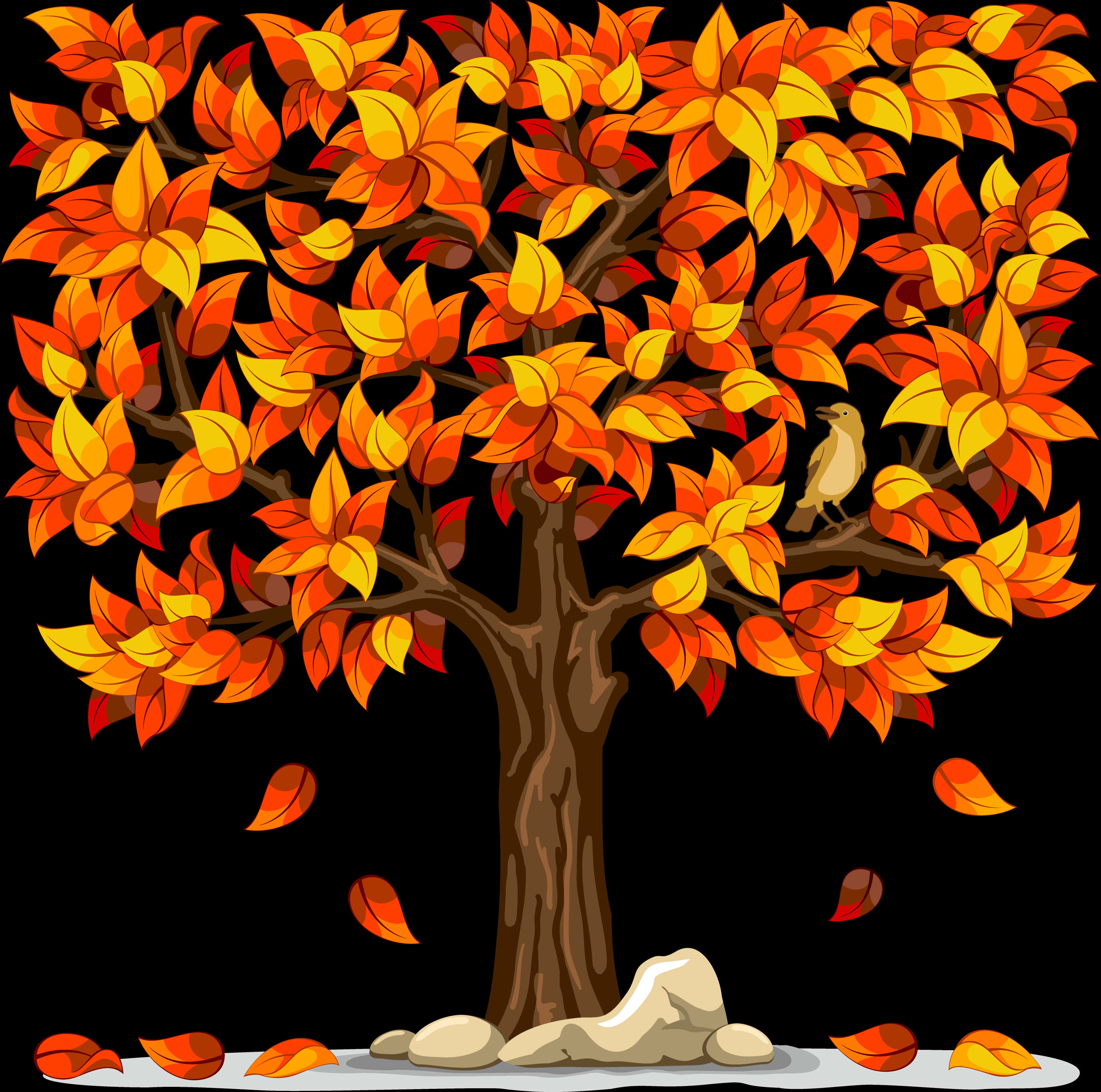 Autumn Treewith Falling Leavesand Bird PNG Image