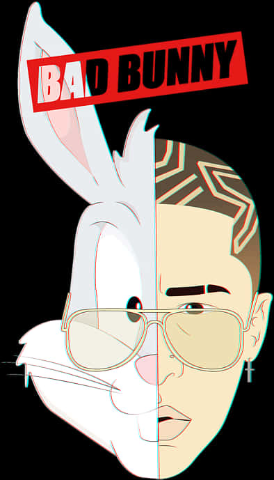 Bad Bunny Half Cartoon Half Real Illustration PNG Image