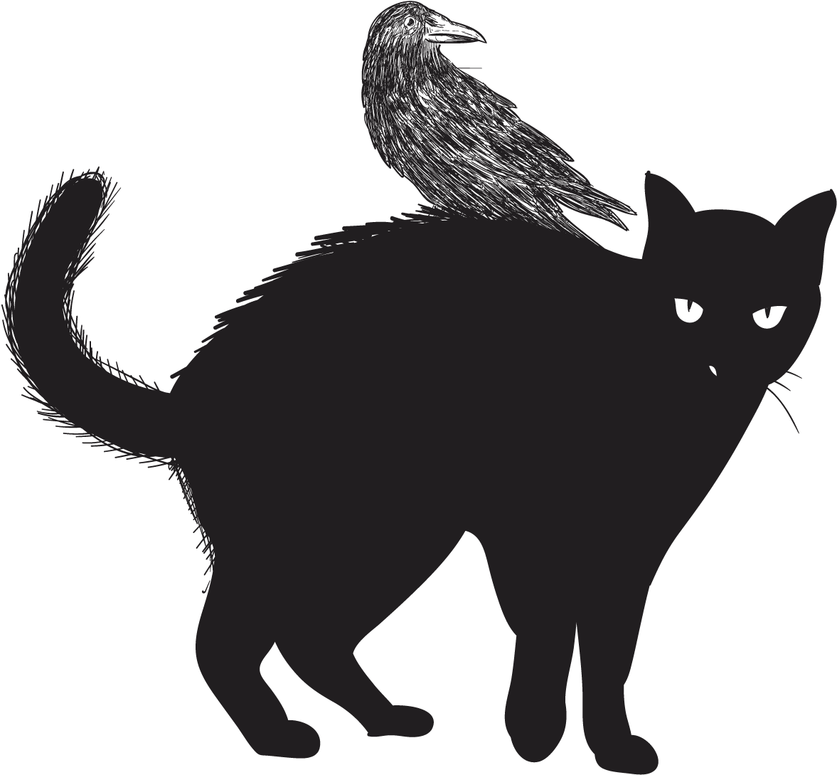 Black Catwith Raven Silhouette PNG Image