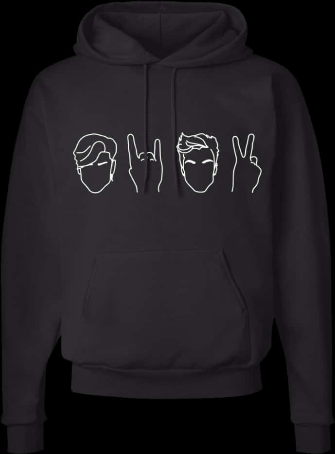 Black Hoodiewith White Face Outlinesand Hand Signs PNG Image