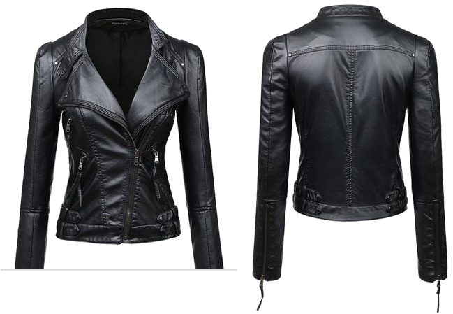 Black Leather Biker Jacket Front Back View PNG Image