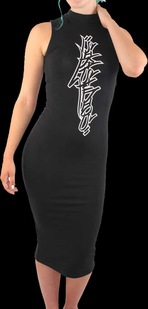 Black Sleeveless Midi Dresswith Graphic PNG Image