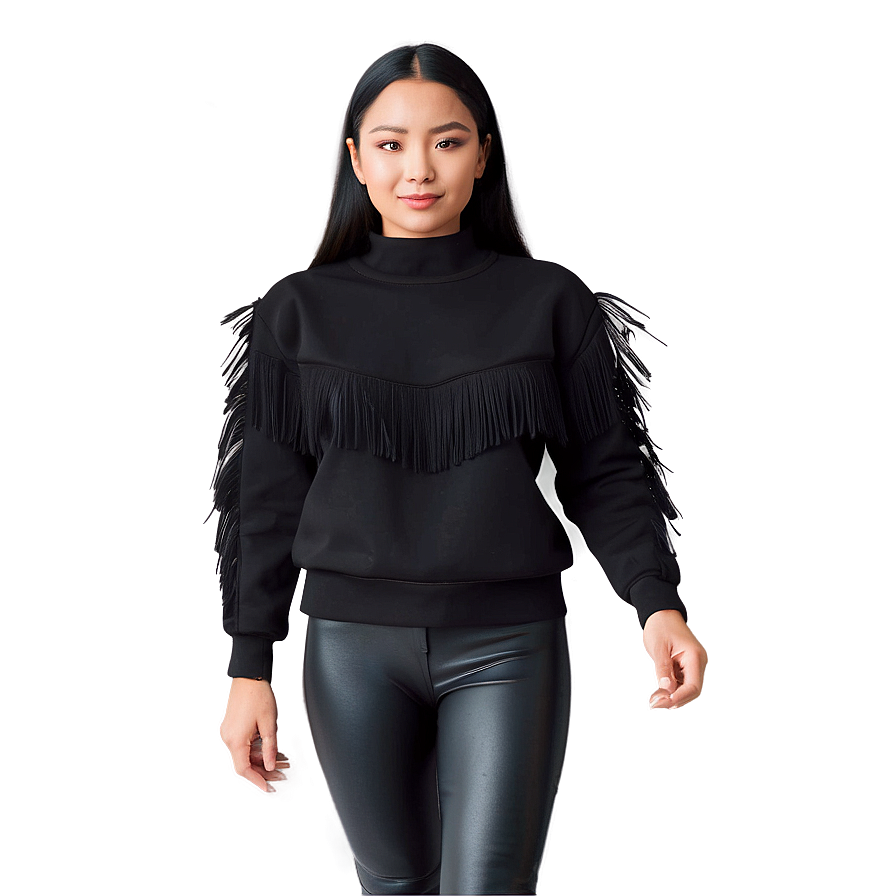 Black Sweatshirt With Fringe Trim Png 79 PNG Image