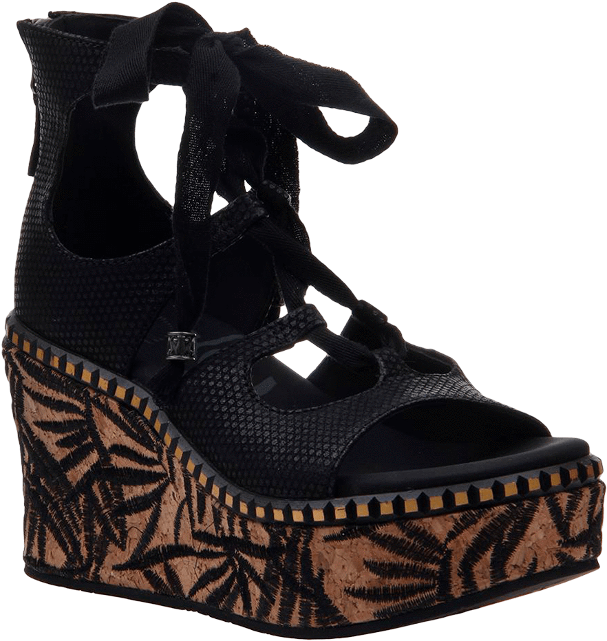 Black Wedge Sandalwith Ankle Ties PNG Image