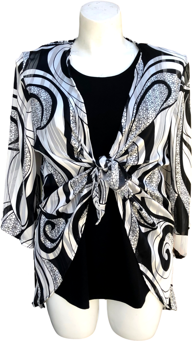 Black White Printed Kimono Top PNG Image