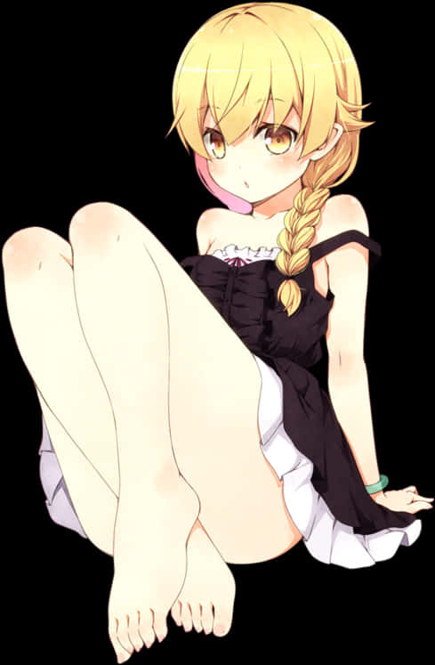 Blonde Anime Girl Sitting Black Dress PNG Image