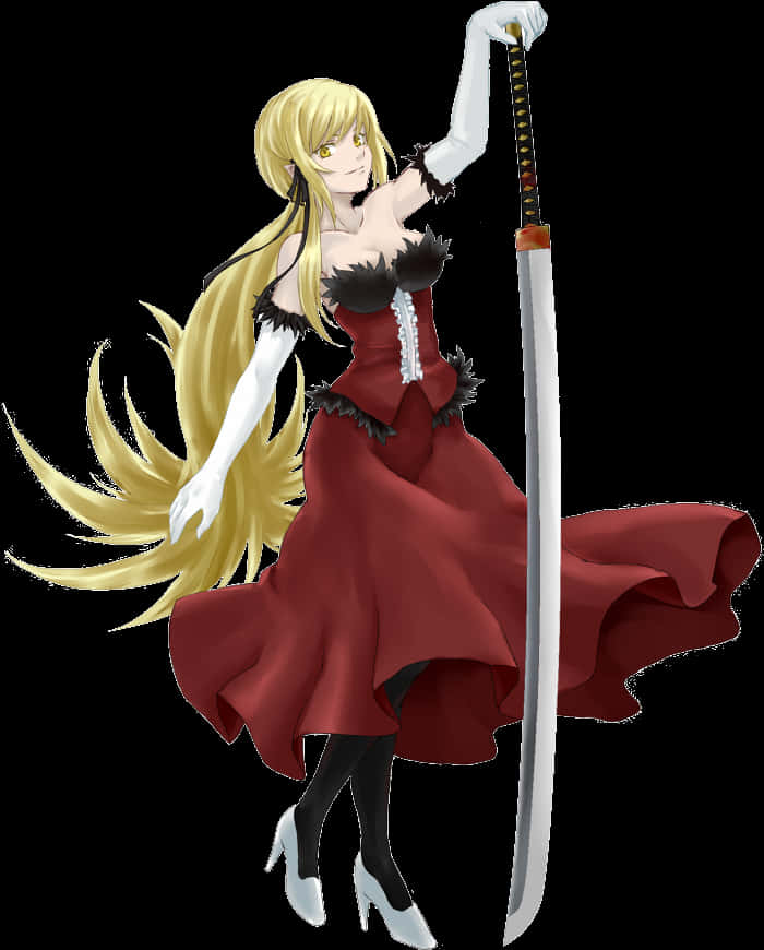 Blonde Anime Swordswomanin Red Dress PNG Image