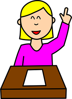 Blonde Girl Raising Handat Desk PNG Image