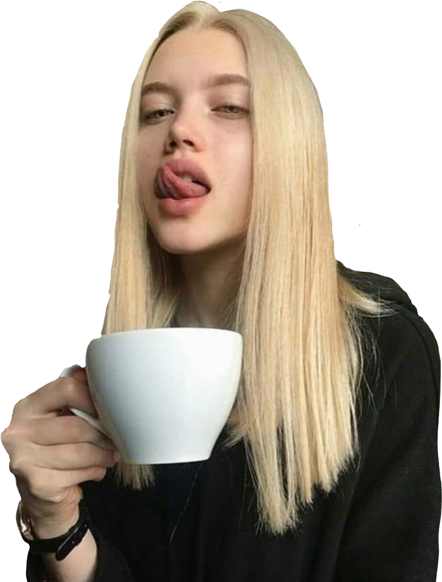 Blonde Hair Woman Tongue Out With Cup PNG Image