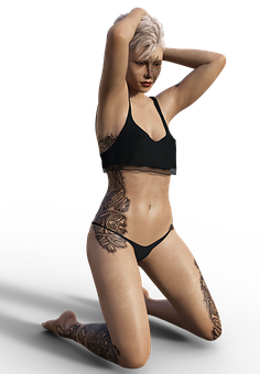 Blonde Modelin Black Swimwearwith Tattoos PNG Image