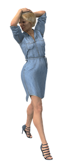 Blonde Woman Blue Dress Pose PNG Image