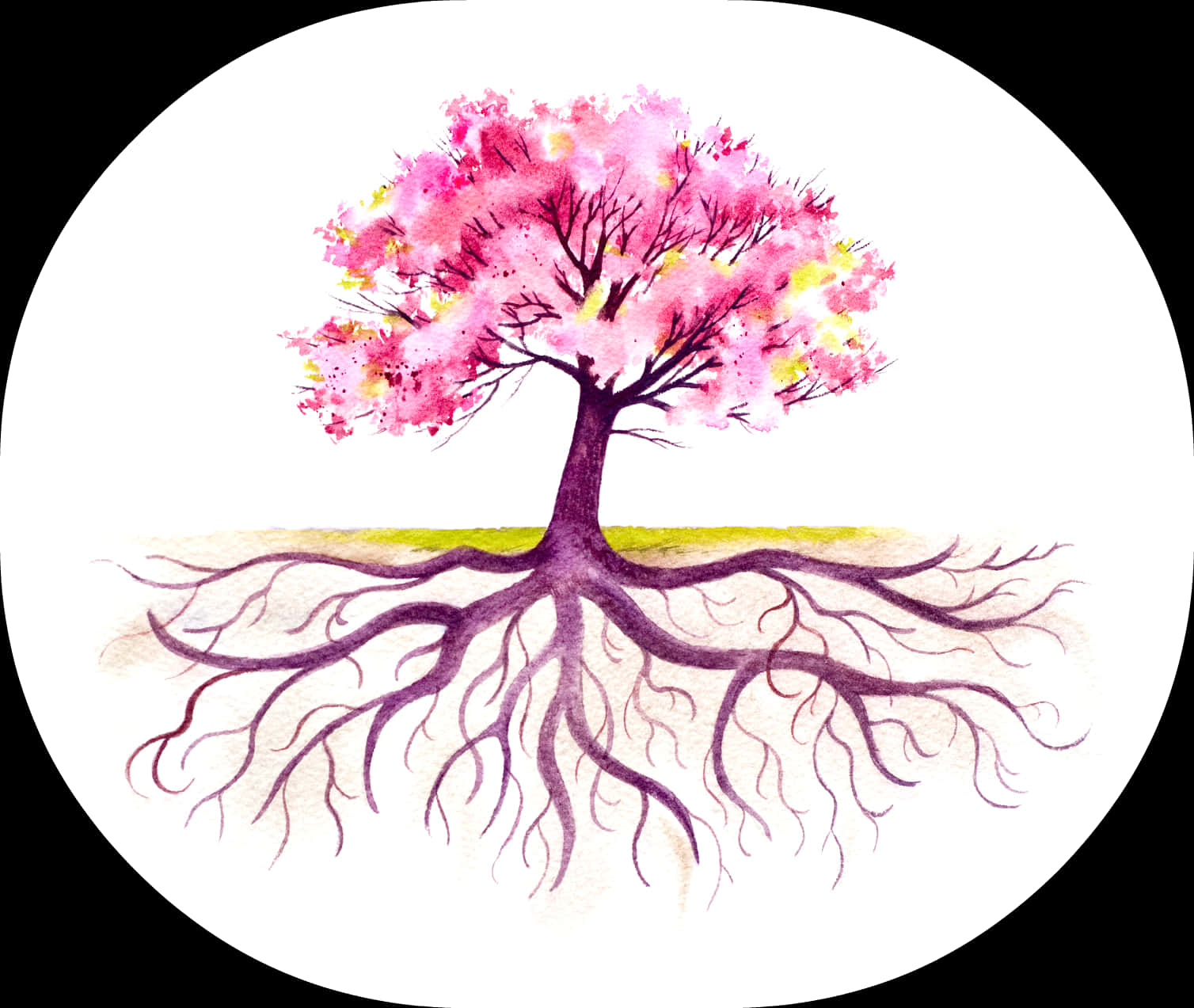 Blossoming Treewith Visible Roots Watercolor PNG Image