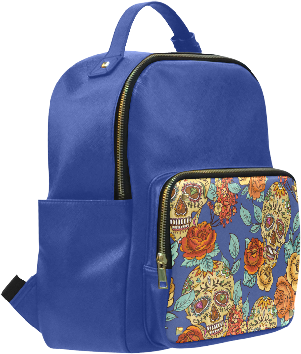 Blue Backpackwith Skull Pattern Pocket PNG Image