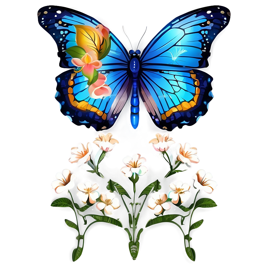 Blue Butterfly With Floral Elements Png Qmg40 PNG Image