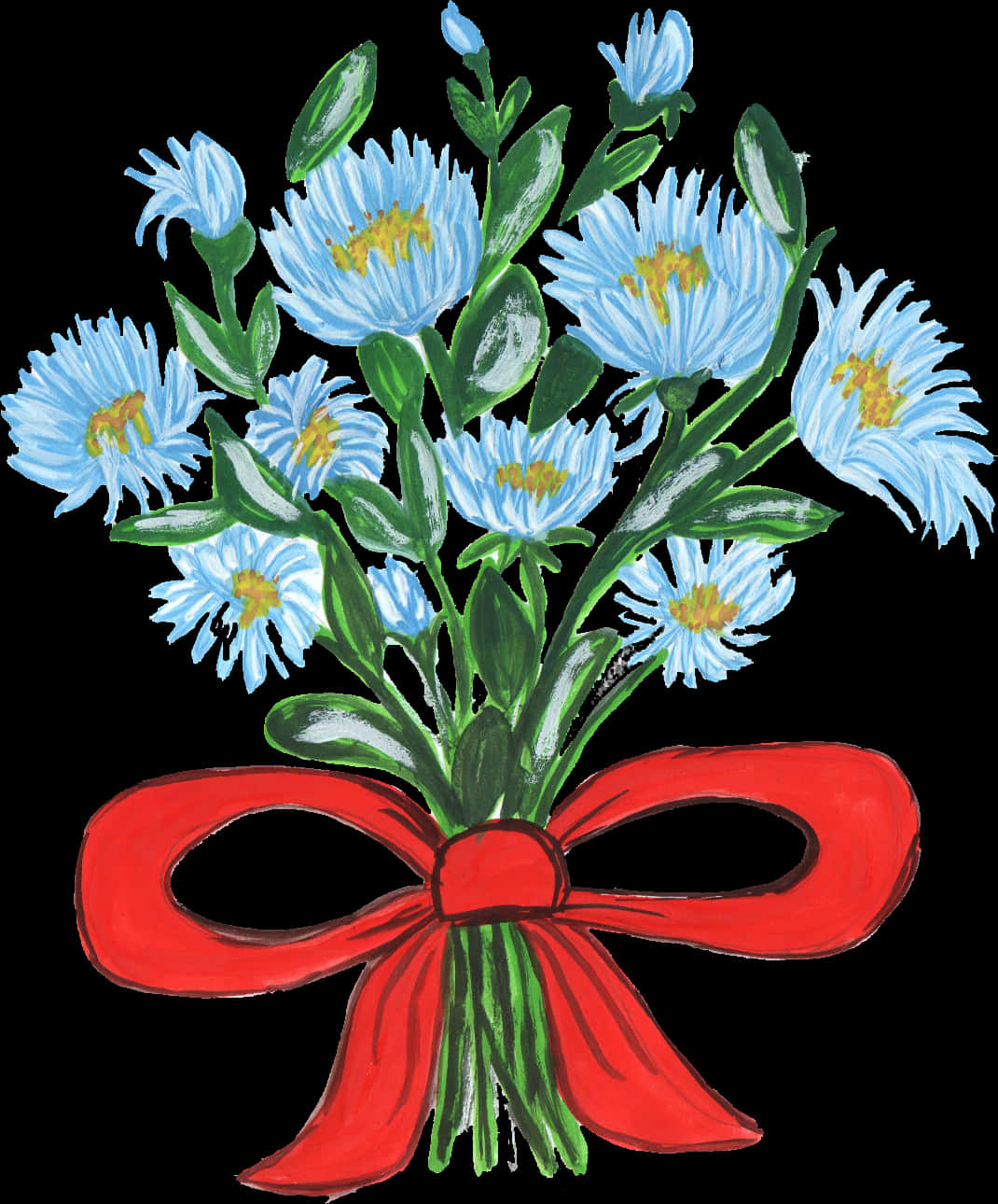 Blue Daisies Bouquetwith Red Bow PNG Image