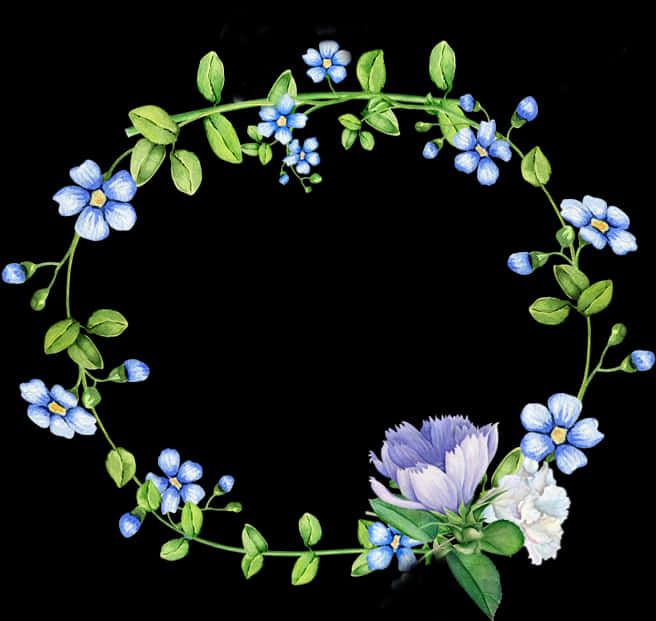 Blue Floral Wreathon Black Background PNG Image