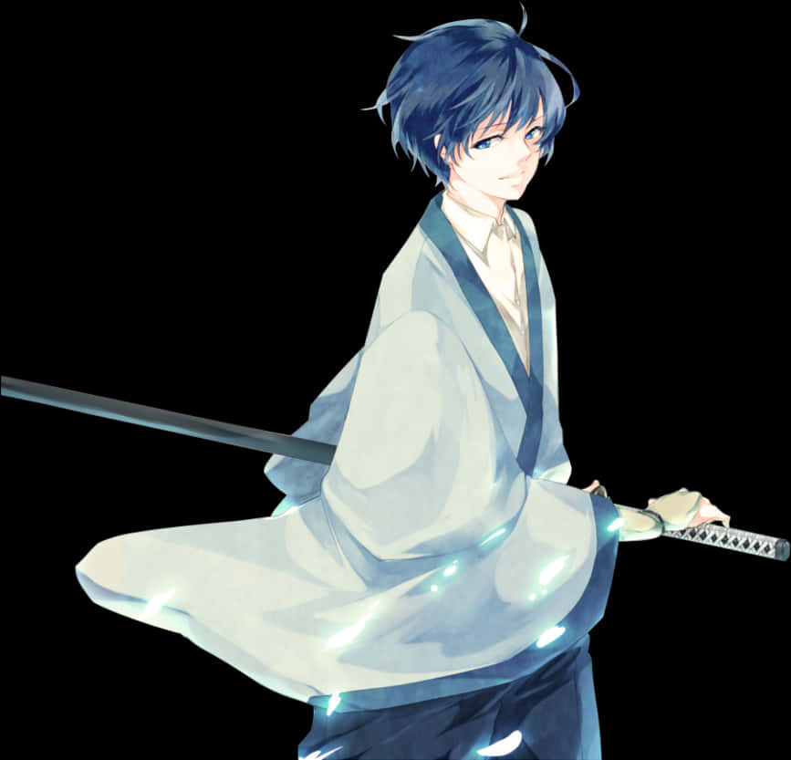 Blue Haired Anime Boy With Sword PNG Image