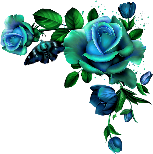 Blue Roseand Butterfly Artwork PNG Image