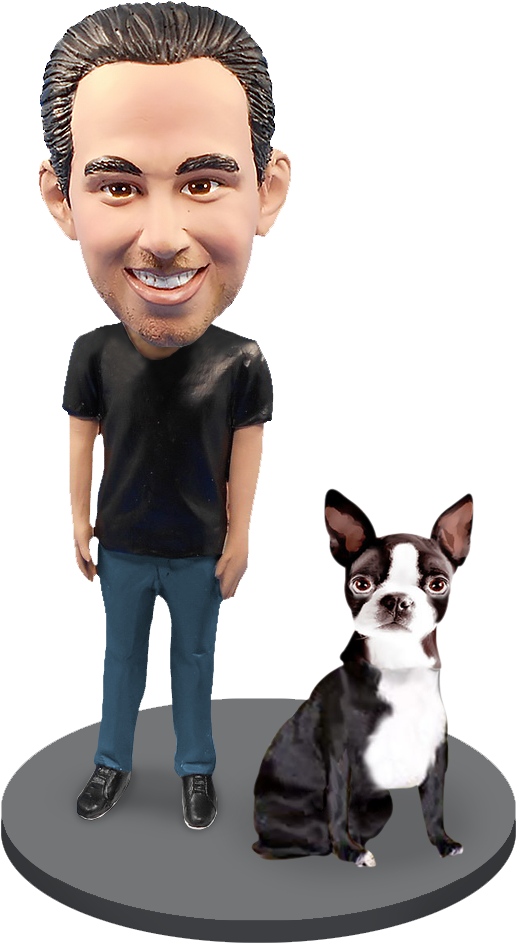 Bobblehead Manand Boston Terrier Figure PNG Image