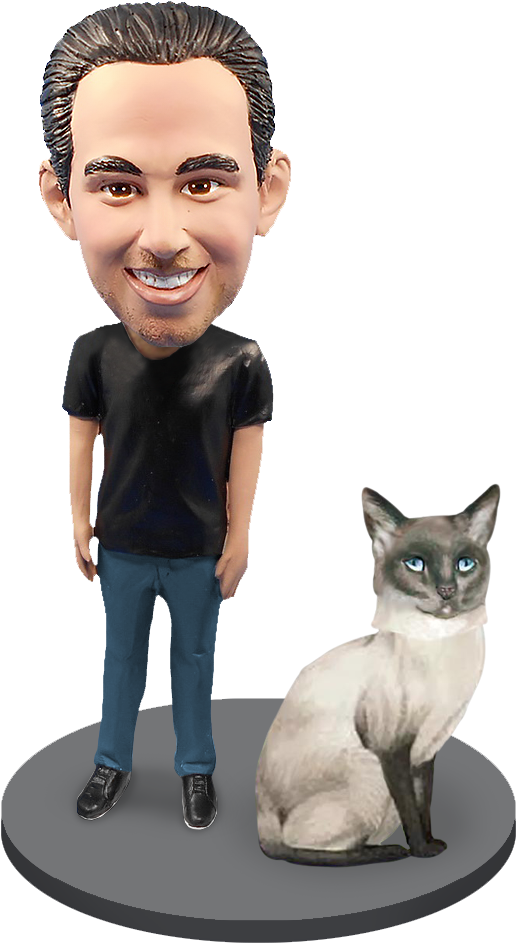 Bobblehead Manand Siamese Cat Figurines PNG Image