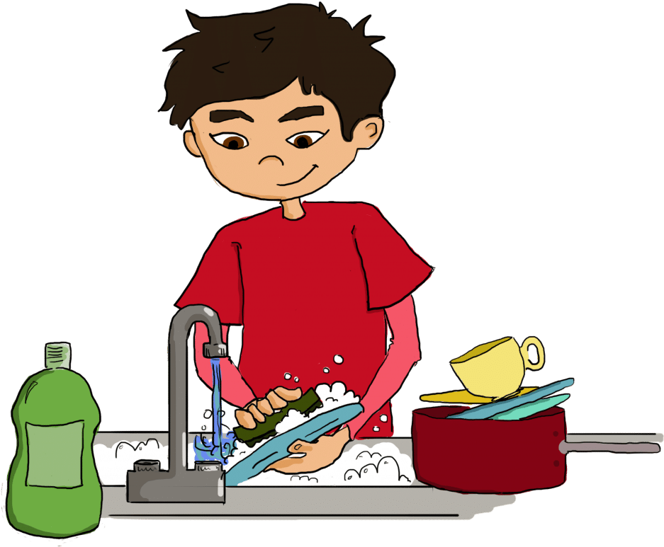 Boy Washing Dishes Cartoon PNG Image