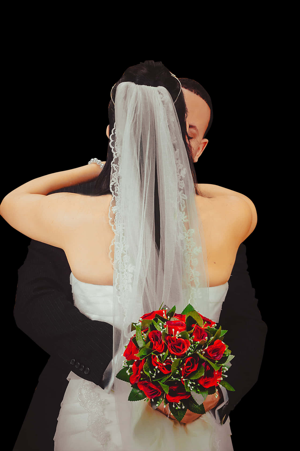 Brideand Groom Embracewith Bouquet PNG Image