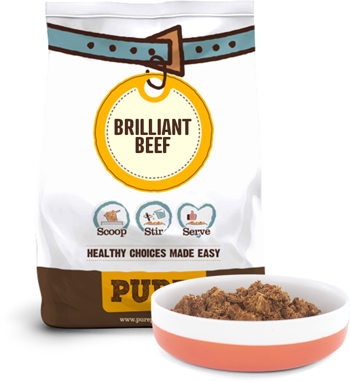 Brilliant Beef Dog Food Packagingand Bowl PNG Image