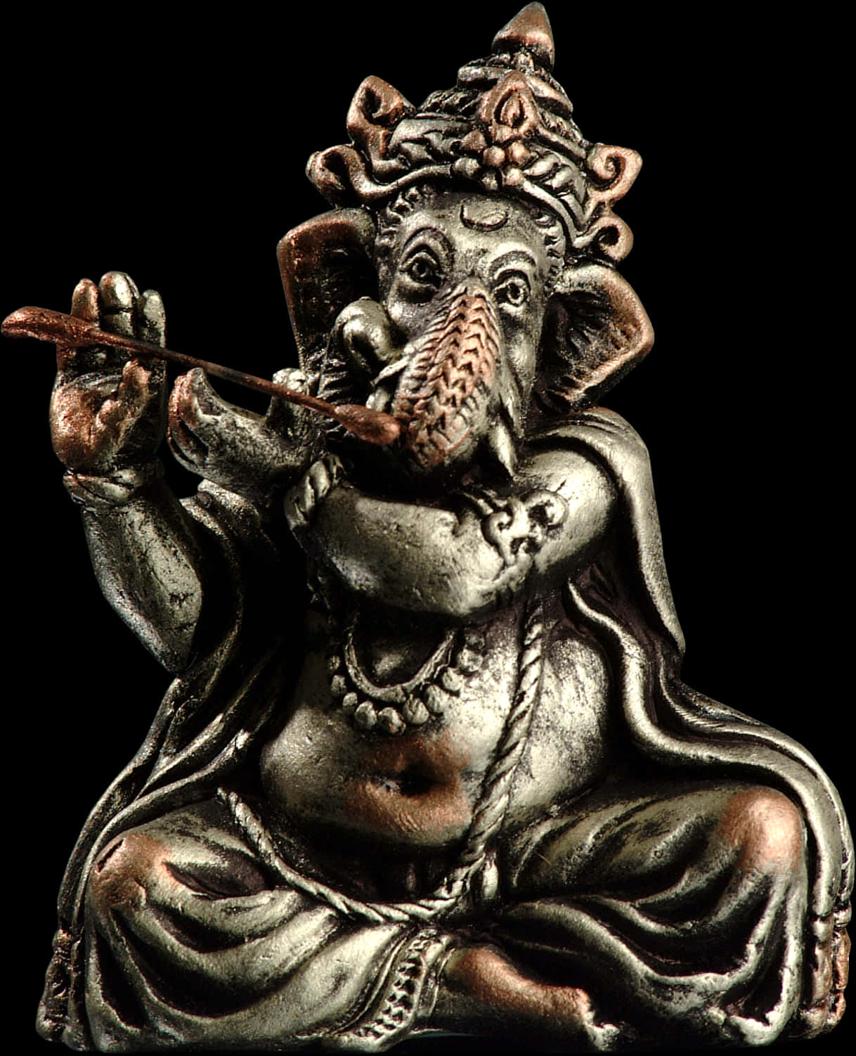 Bronze Ganesh Statue Playing Flute PNG Image