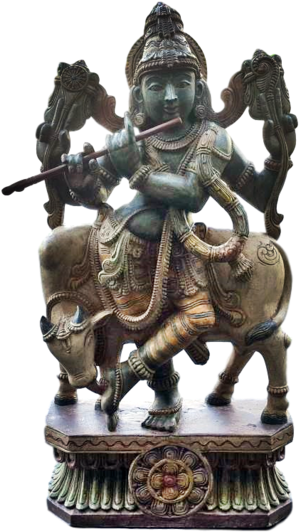 Bronze Krishna On Cow Statue PNG Image