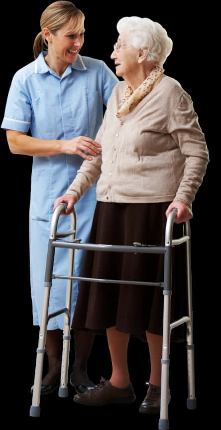 Caring Nurse Assisting Elderly Woman With Walker PNG Image