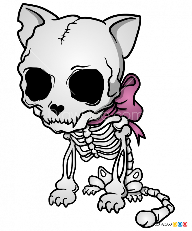 Cartoon_ Cat_ Skeleton_with_ Pink_ Bow PNG Image