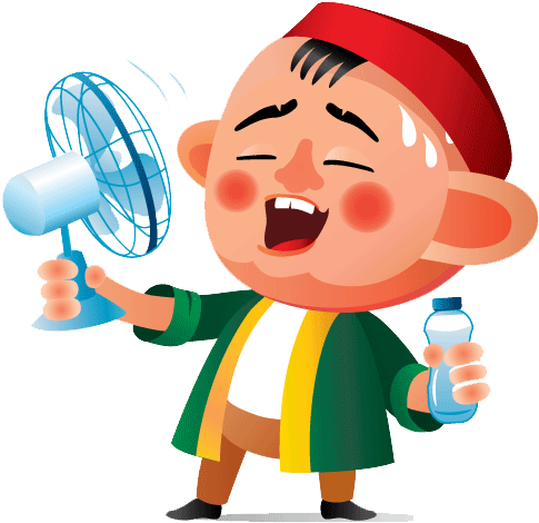 Cartoon Child Beating Heatwith Fanand Water PNG Image