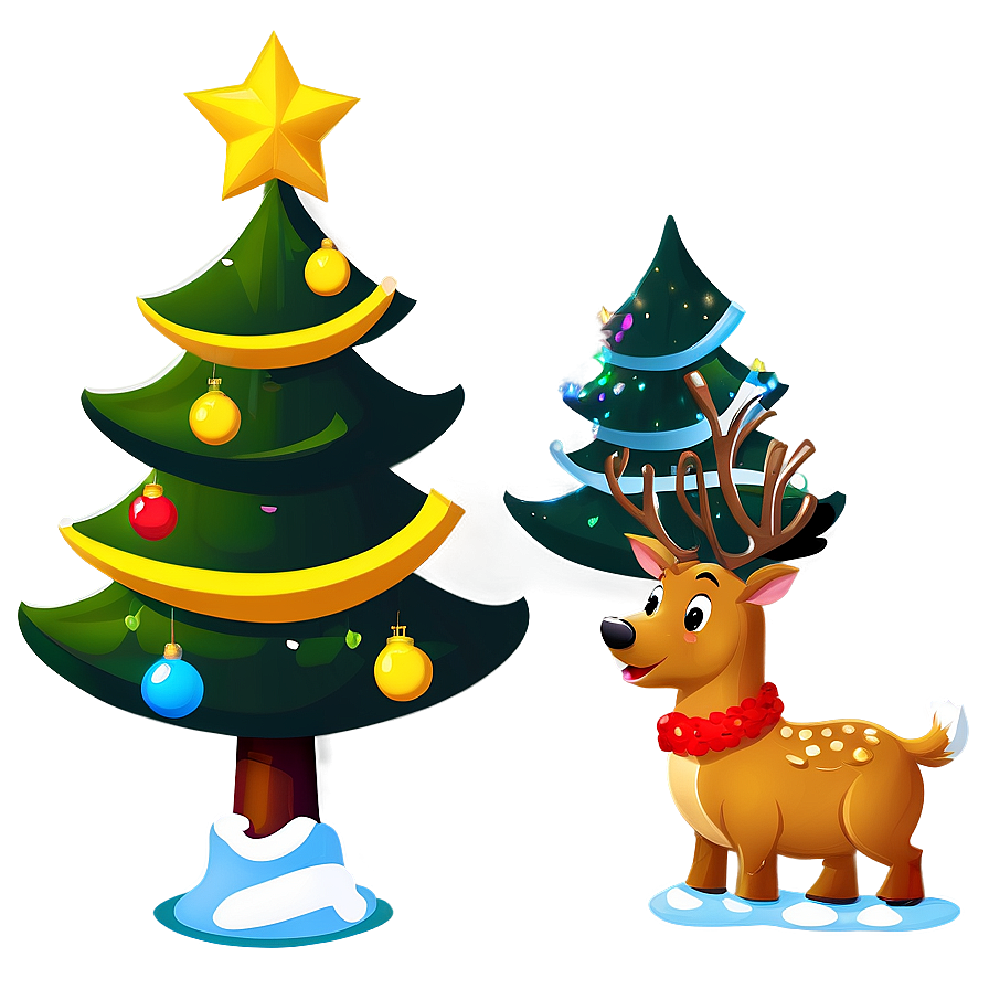 Cartoon Christmas Tree With Reindeer Png 85 PNG Image