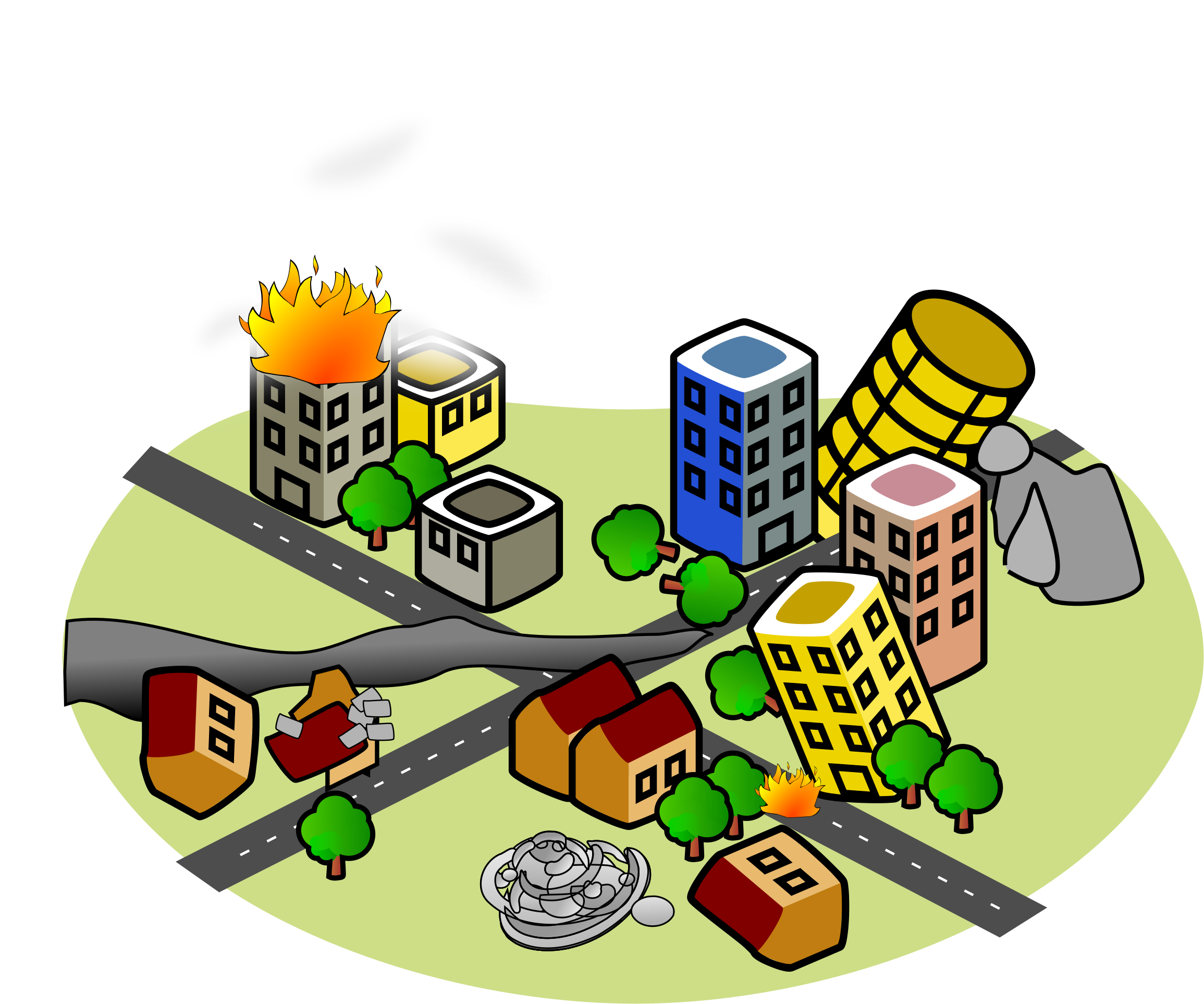 Cartoon City Disaster Scene PNG Image