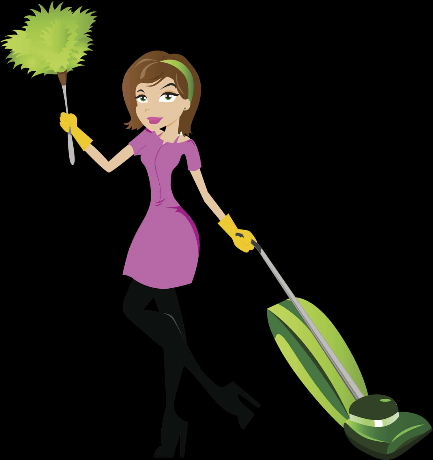 Cartoon Cleaning Ladywith Equipment PNG Image