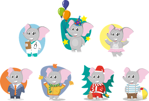 Cartoon Elephantsin Various Outfits PNG Image