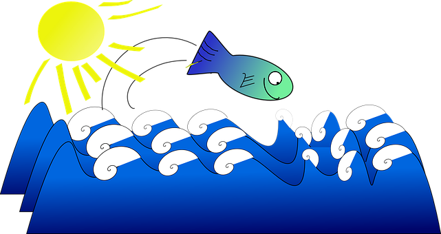 Cartoon Fish Jumping Over Waves PNG Image