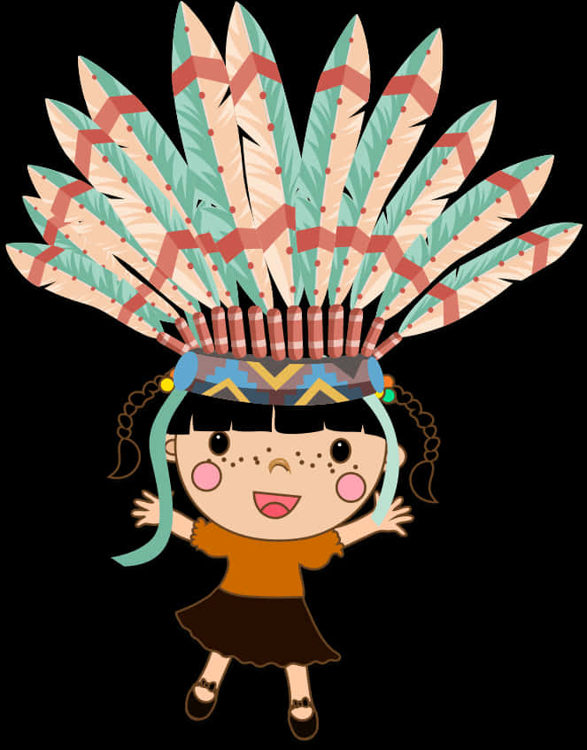 Cartoon Girl Wearing Native American Headdress PNG Image