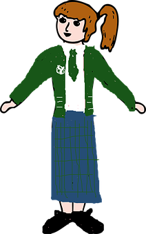 Cartoon Girlin Green Jacketand Plaid Skirt PNG Image