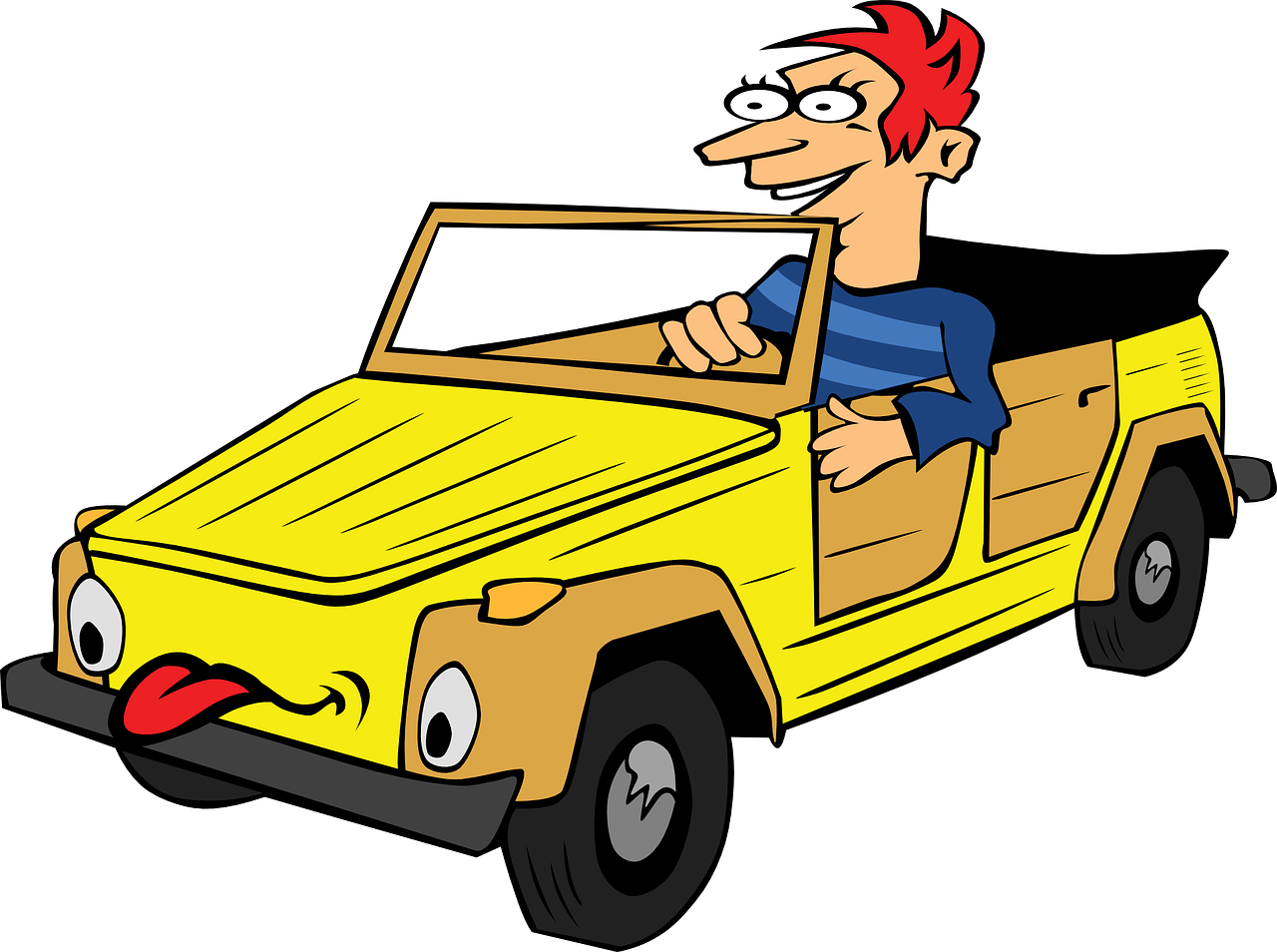 Cartoon Man Driving Yellow Car PNG Image