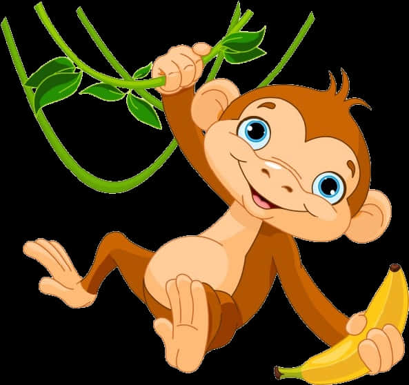 Cartoon Monkey Hanging With Banana.png PNG Image