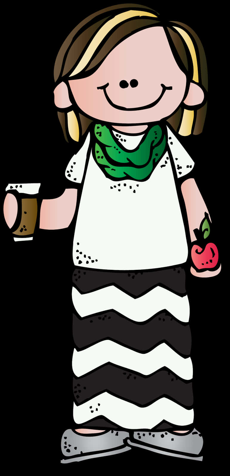 Cartoon Teacher With Coffee And Apple PNG Image