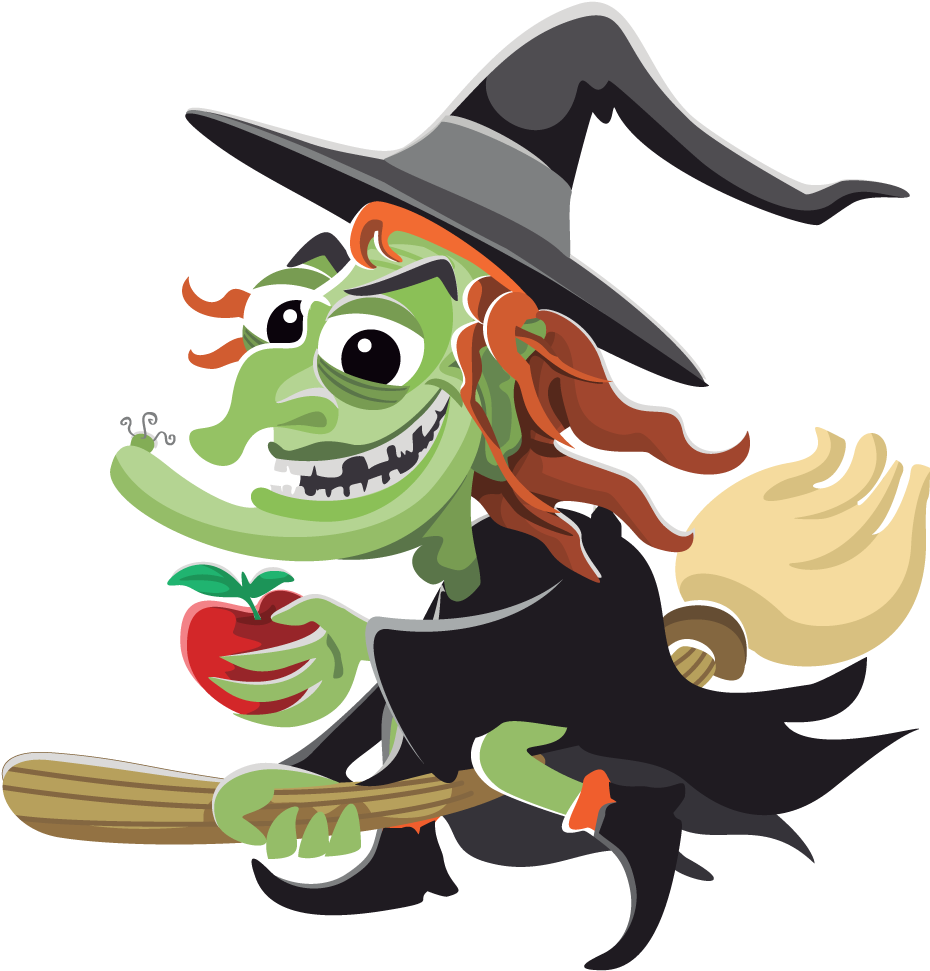 Cartoon Witchon Broomstickwith Apple PNG Image