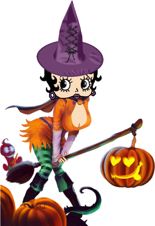 Cartoon Witchwith Broomand Pumpkins PNG Image