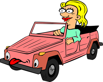 Cartoon Woman Driving Red Car PNG Image