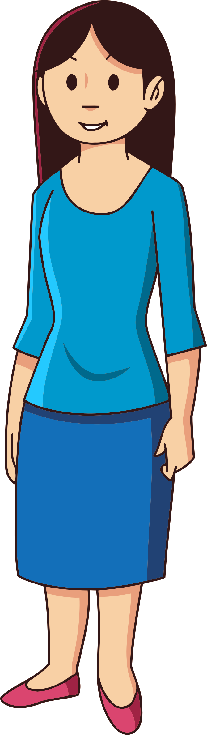 Cartoon Woman Standing Blue Outfit.png PNG Image