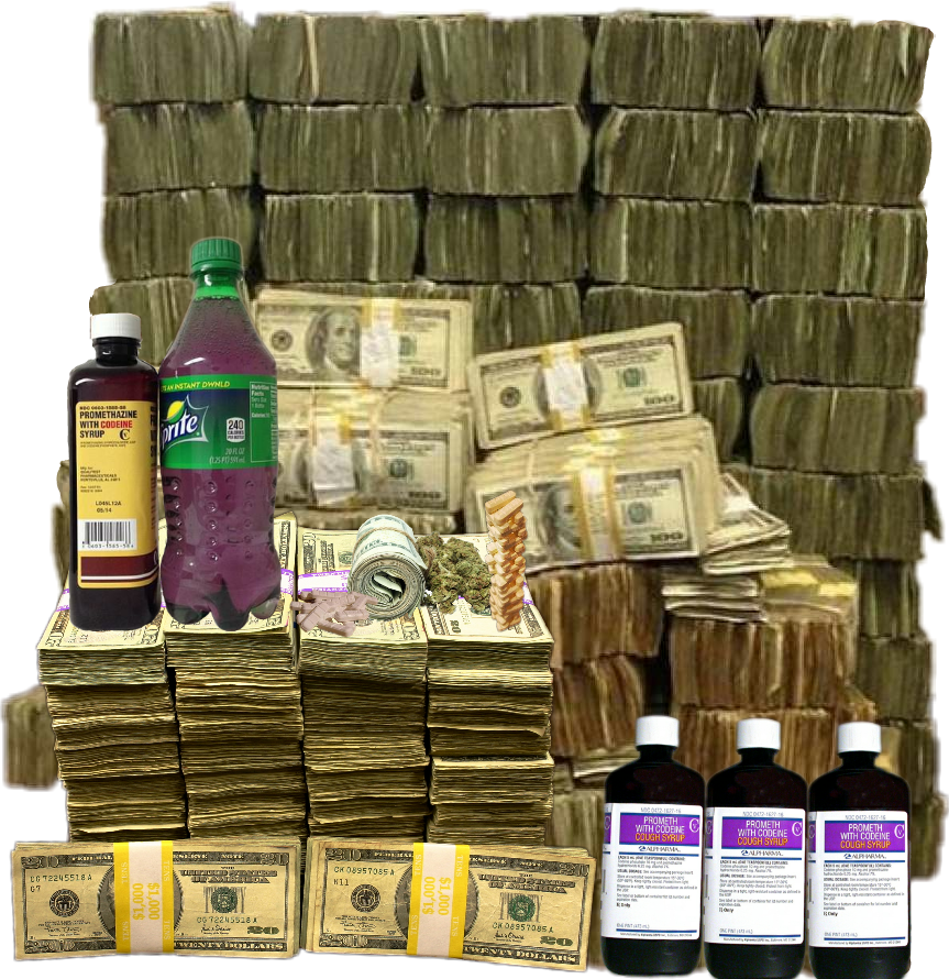 Cash Stackwith Medicinal Syrupand Soft Drink PNG Image