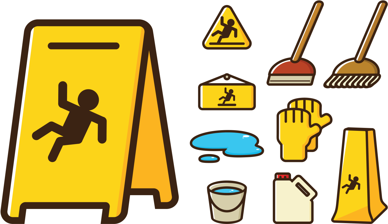 Caution Wet Floor Signsand Cleaning Tools PNG Image