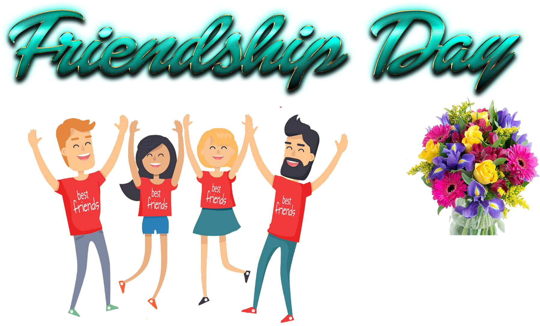 Celebrating Friendship Day Cartoon Friendsand Flowers PNG Image