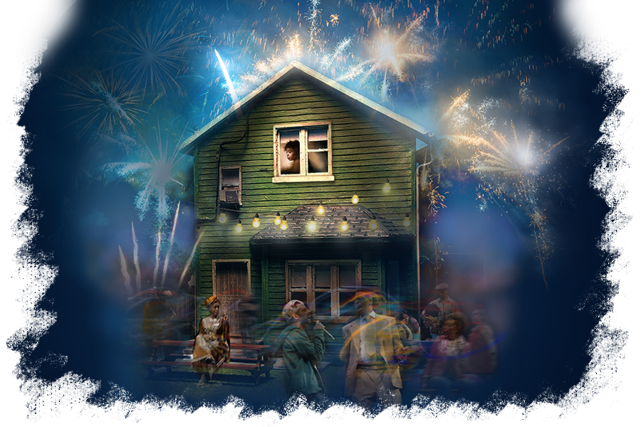 Celebratory Fireworks Over House.jpg PNG Image